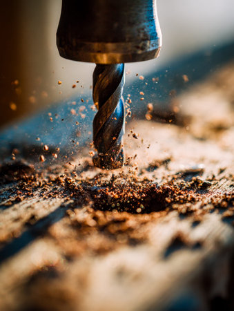 A detailed view of a metal drill bit piercing through timber, sending cascades of fine wood...