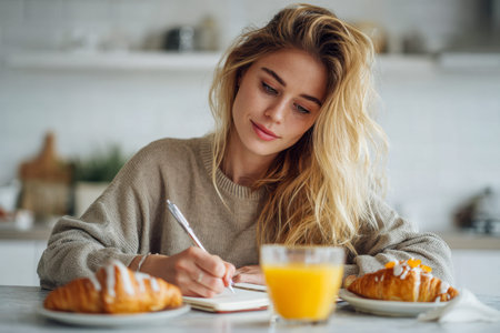 A serene morning scene featuring a young woman immersed in her writing, surrounded by a cozy kitchen ambiance, with bright orange juice and flaky croissants enhancing theのeditorial素材