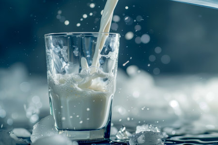 Pouring milk into a glass with ice cubes and splashes on a dark backgroundの写真素材