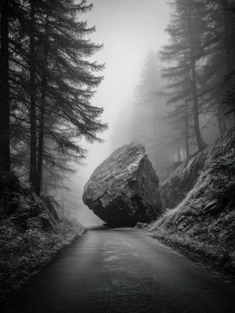 A colossal stone lies across a secluded mountain trail, shrouded in dense fog among towering pine trees, creating a mysterious, silent landscape on a gray, overcast day.の写真素材