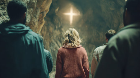 A diverse group gathers in a shadowy cave, their faces illuminated by a radiant cross-shaped glow,...