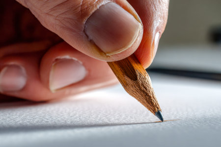 A detailed close-up of a hand gripping a freshly sharpened pencil, ready to create on a clean, white...