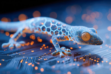 A sleek, cybernetic reptile with illuminated geometric scales moves across an energetic tech grid,...
