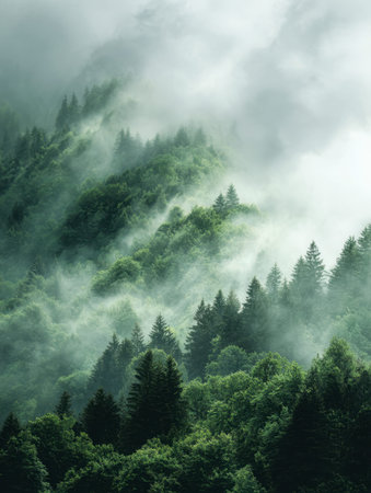 A tranquil dawns over a thick pine woodland, with swirling mist weaving through towering trees and...