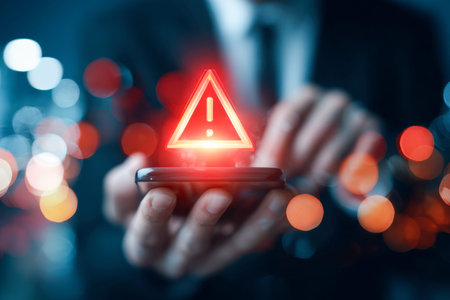 A professional examines a mobile device, with a vivid red warning icon hovering above, symbolizing...