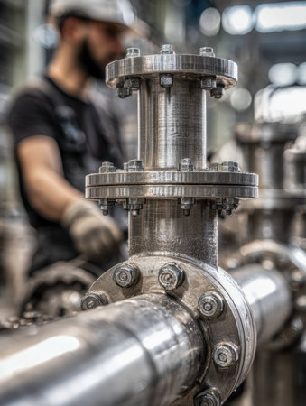 A detailed shot highlighting a shiny metal pipe connection with securing fasteners, set against a dynamic workspace with a technician overseeing advanced equipment.の写真素材
