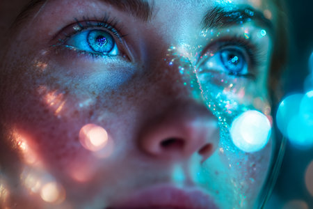 A striking portrait emphasizing luminescent skin accents and piercing azure gaze, set against a sleek, sci-fi backdrop that exudes innovation and futuristic allure.のeditorial素材