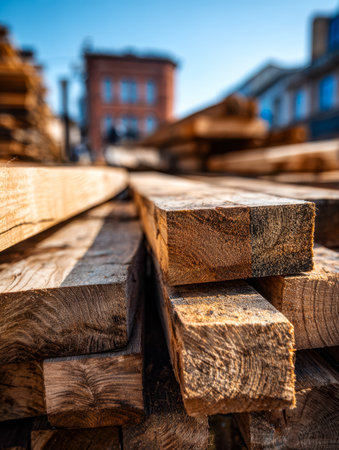 Focused on a neat stack of timber, this image captures the textured grains of fresh-cut wood against a bustling urban skyline, blending rural craftsmanship with city life.の写真素材