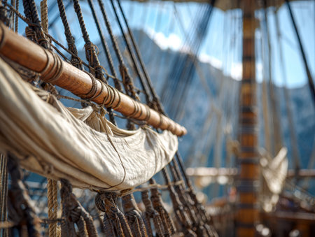Close-up of weathered sails tightly rolled on aged wooden beams, with intricate rigging details against a softly blurred mountainous backdrop under bright daylight.の写真素材