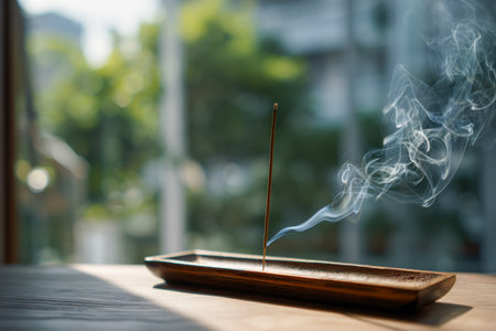 A delicate incense wand softly smolders atop a wooden dish, releasing swirling tendrils of fragrant smoke amidst a tranquil, sunlit natural setting.の写真素材