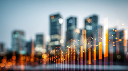 A dynamic fusion of vibrant digital data visualizations blending seamlessly with a cityscape at...