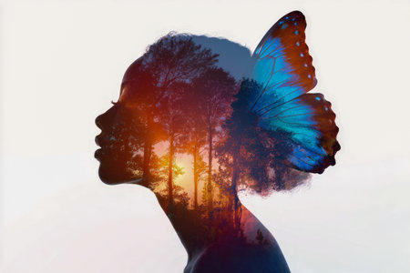 A dreamy silhouette of a young woman blending seamlessly with vibrant forest hues and a setting sun, evoking mystery, transformation, and nature's serenity.の写真素材