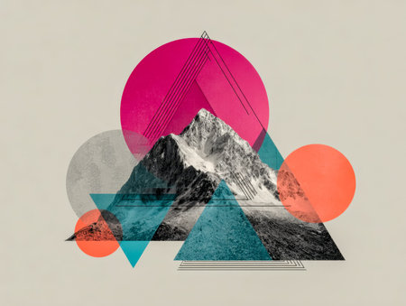 Dynamic use of bold hues and angular forms evoke a vivid, surreal view of nature's peaks, blending...