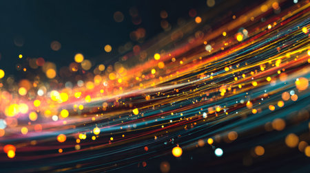 Vibrant trails of neon hues weave through a dark backdrop, complemented by soft bokeh circles that...