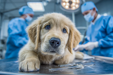 A nervous golden retriever pup rests on a clinical table, its wide eyes filled with concern as veterinary staff arrange instruments behind, hinting at an anxious wait.の写真素材