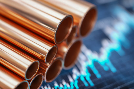 Luminous copper pipes are arranged to closely evoke industrial strength, while a softly blurred chart hints at evolving market movements and economic insights.の写真素材