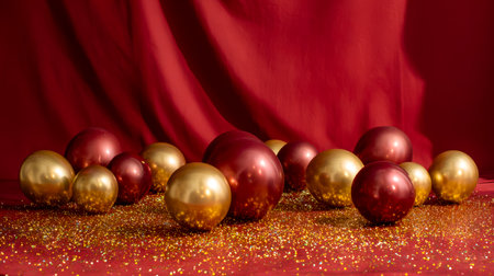Vibrant holiday ornaments in shimmering red and gold hues cascade against luxurious crimson ?????, creating a warm, celebratory atmosphere perfect for seasonal cheer.の写真素材