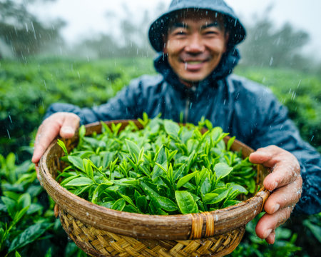 A cheerful farmer proudly displays newly harvested tea leaves amidst a wet, lush field, capturing a...