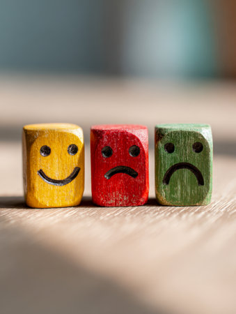 Colorful wooden cubes depicting joyful, sorrowful, and let-down expressions rest on a polished surface bathed in gentle sunlight, illustrating diverse human feelings.の写真素材