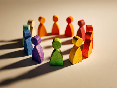 A vibrant assembly of assorted wooden figures in various hues forms a cohesive ring, their elongated...