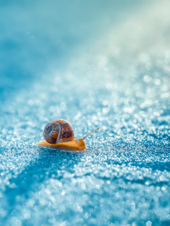 A tiny snail traverses a shimmering cerulean plane, set against a gentle gradient backdrop that evokes calm and wonder in a delicate, nature-inspired scene.の写真素材