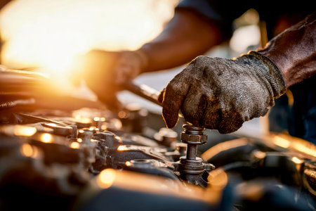 A proficient technician expertly inspects engine parts as the warm glow of sunset casts a serene...