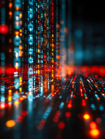 Pulsing streams of luminous code cascade through a sleek, high-tech setting, casting vibrant...
