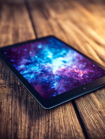 A sleek tablet showcases a fiery cosmic scene, resting on a rustic wooden table, blending modern...