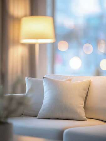 Luxurious white pillows adorn a plush sofa, illuminated by gentle glow from a standing lamp,...