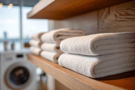 Sunlit modern laundry space features pristine white towels arranged on a warm wooden shelf, complemented by a sleek washing machine and cheerful outdoor-inspired ambianceの写真素材