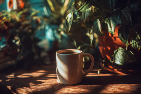 A cozy scene featuring a handcrafted ceramic coffee cup resting on a rustic wood surface, surrounded by vibrant greenery and bathed in warm sunlight.の写真素材