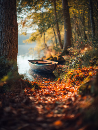 A peaceful vessel gently moored against a leafy shoreline, illuminated by the warm glow of sunset hues filtering through autumn foliage.の写真素材