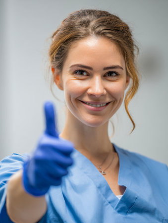 A cheerful medical worker in vibrant blue attire and gloves radiates optimism, confidently signaling approval in a bright, professional healthcare environment.のeditorial素材