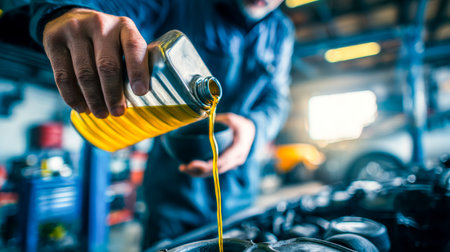 A mechanic carefully adds lubricant to a vehicle's engine bay in a busy workshop, highlighting maintenance and car service professionalism.の写真素材