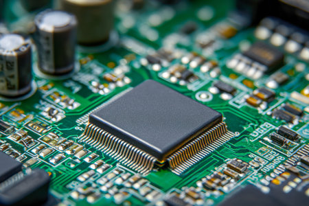 An intricate green motherboard showcases a central processing unit amid a network of tiny...