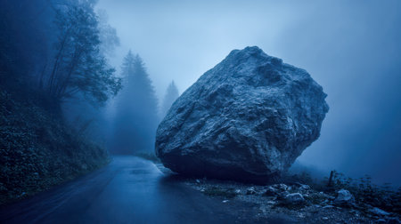 A colossal stone obstructs a slender mountain trail as thick mist envelops the surrounding woodland at twilight, evoking an enigmatic and haunting mood in untouched naturの写真素材