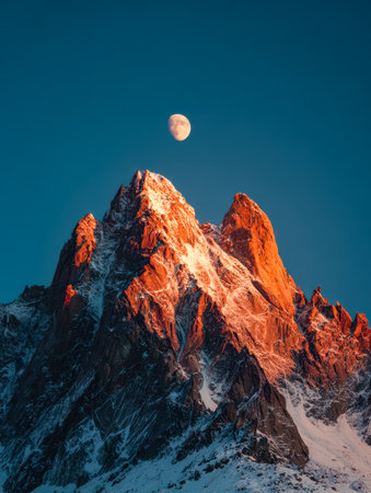 Vibrant sunset casts warm hues over towering icy summits, while a glowing moon ascends, painting a tranquil, crisp evening scene in pristine wilderness.の写真素材
