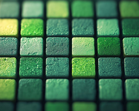 An intricate array of illuminated green and yellow pixels creates a vibrant, textured pattern on a modern led display grid, showcasing digital brightnの写真素材