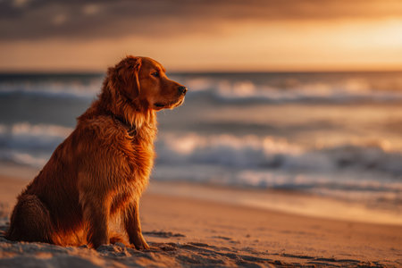 A soulful golden retriever rests peacefully on soft sand as the day's last light paints the sky with warm hues, while tranquil waves create a serene backdrop.の写真素材