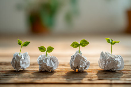 Tiny vibrant sprouts emerge from folded paper spheres arranged along weathered wooden planks, evoking themes of innovation and natural development in a cheerful atmosphereの写真素材