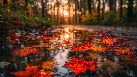 Gentle amber and crimson foliage drifts along a tranquil forest stream, shimmering under the warm glow of sunset, evoking serenity and seasonal change.の写真素材