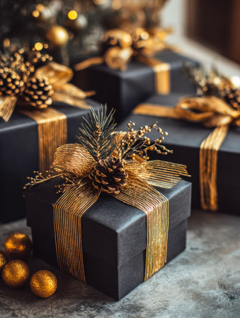 A sleek black box with shimmering gold details, surrounded by joyful holiday ornaments and greenery, perfect for adding elegance to seasonal gifting.の写真素材