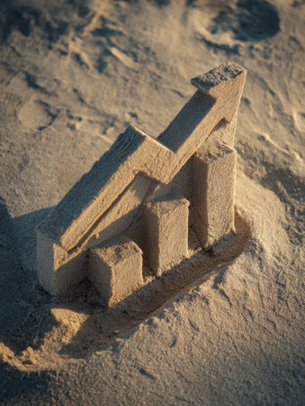 A detailed sand sculpture features a growing financial graph with ascending bars and an arrow pointing upward, representing progress and prosperous trends in a playful, natural setの写真素材