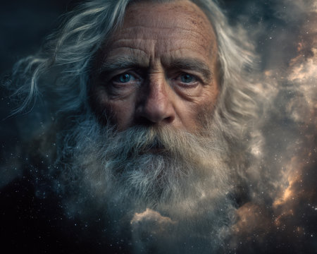 A wise elderly male figure with intense blue eyes and a flowing white beard, set against a mesmerizing galaxy-inspired backdrop, exuding mysticism andのeditorial素材