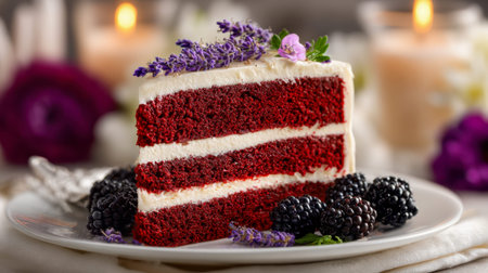 A luxurious red velvet wedge, topped with velvety cream cheese, accented by ripe blackberries and...