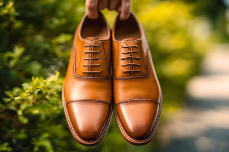 A refined pair of men's dress shoes crafted from smooth brown leather, showcased against a lush...