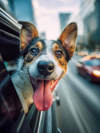 A cheerful pup with ears flapping exposes its face to the wind as the city blurs past during a...