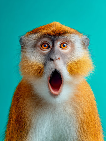 A vivid portrait captures an expressive monkey with fiery orange fur, mouth agape in astonishment,...