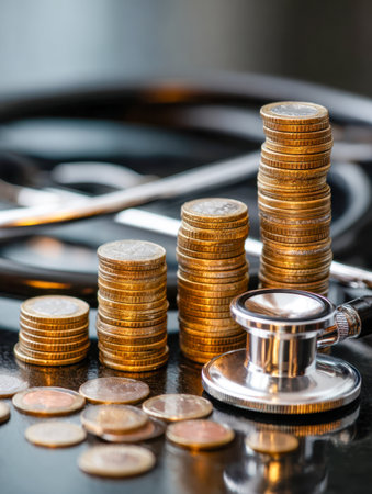 Glimmering coin piles of different sizes beside a medical instrument, reflecting financial burdens and health expense management on a glossy surface.の写真素材