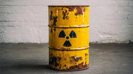 A weathered steel container bearing a cautionary insignia stands amidst industrial debris, evoking themes of neglect, danger, and environmental caution.の写真素材